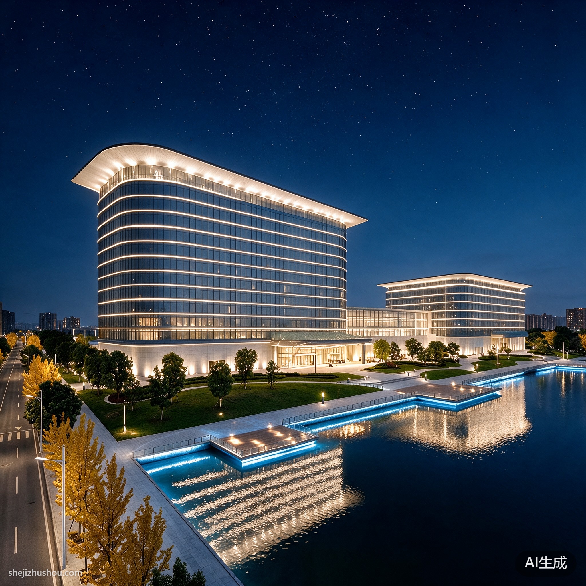 酒店建筑夜景亮化案例 - AI夜景亮化效果图