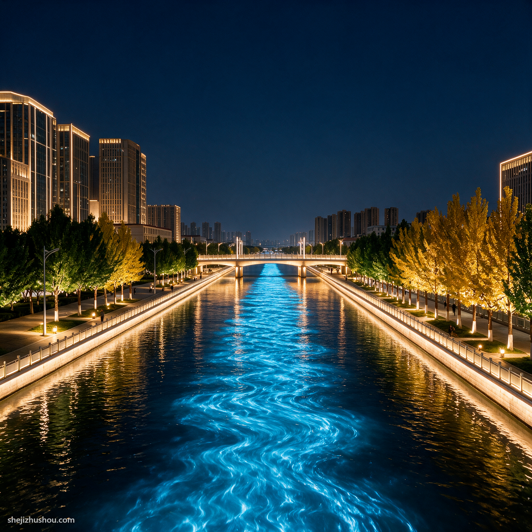 河道水景夜景亮化案例 - AI夜景亮化效果图