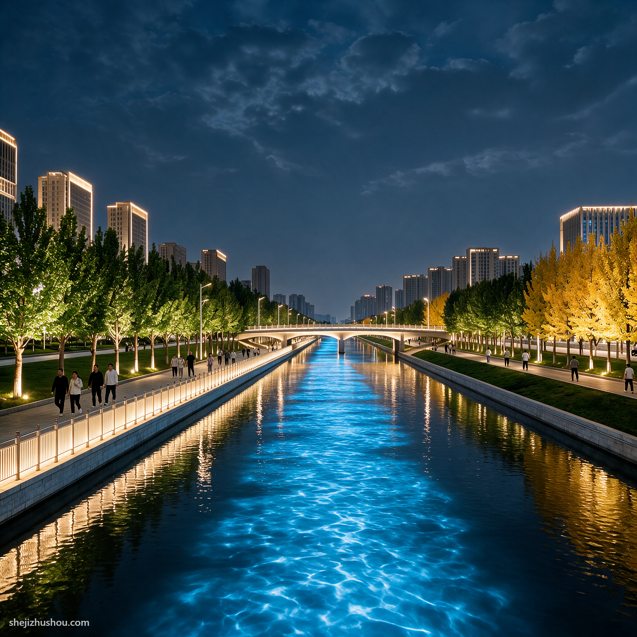 河道水景夜景亮化案例 - AI夜景亮化效果图