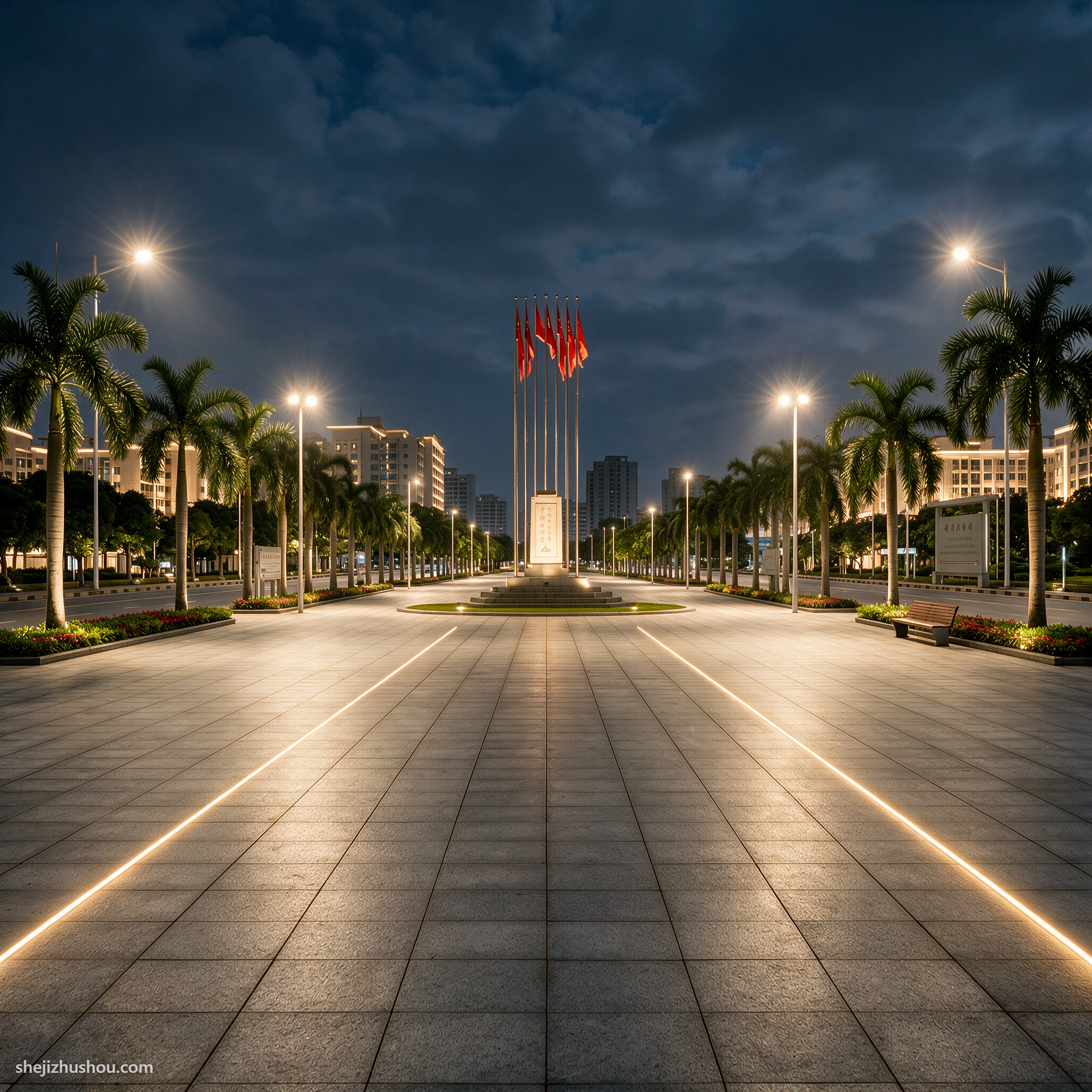 广场景观夜景亮化案例 - AI夜景亮化效果图
