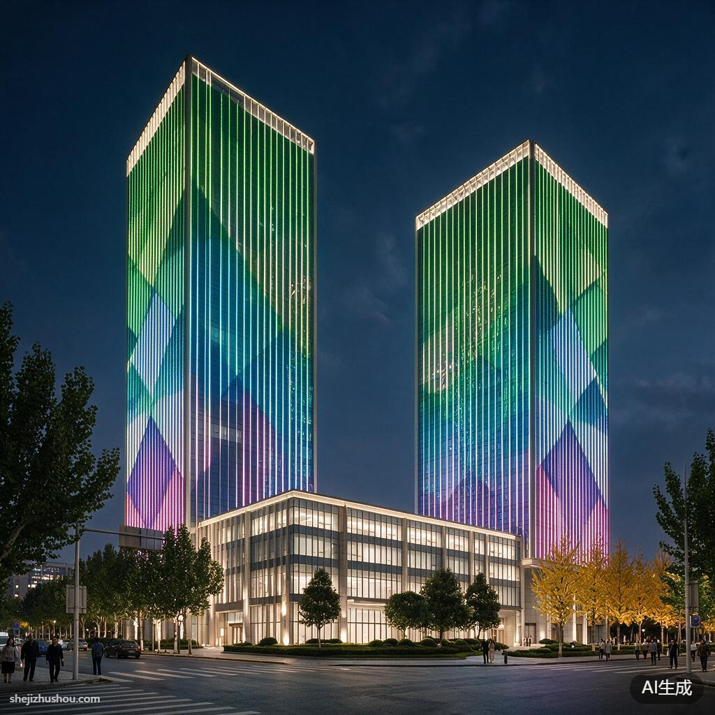 办公建筑夜景亮化案例 - AI夜景亮化效果图