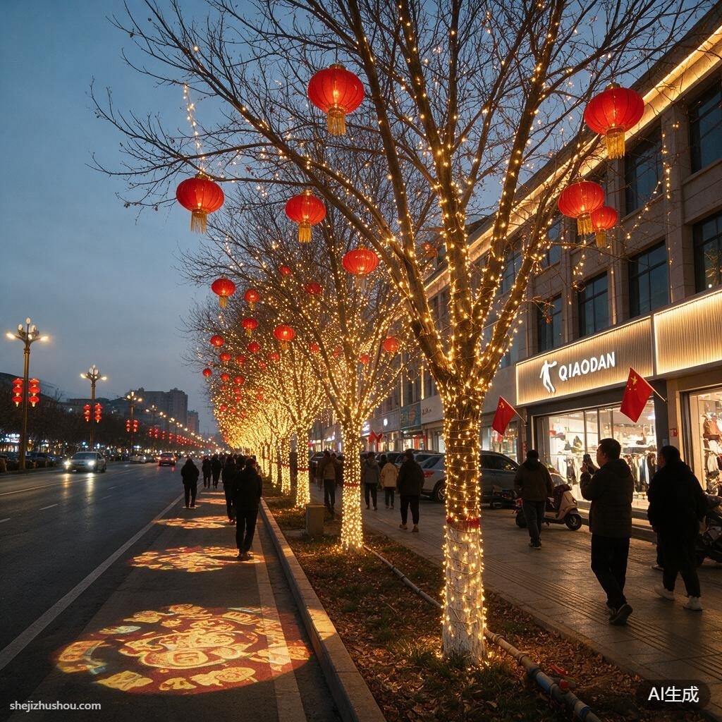 街道装饰夜景亮化案例 - AI夜景亮化效果图