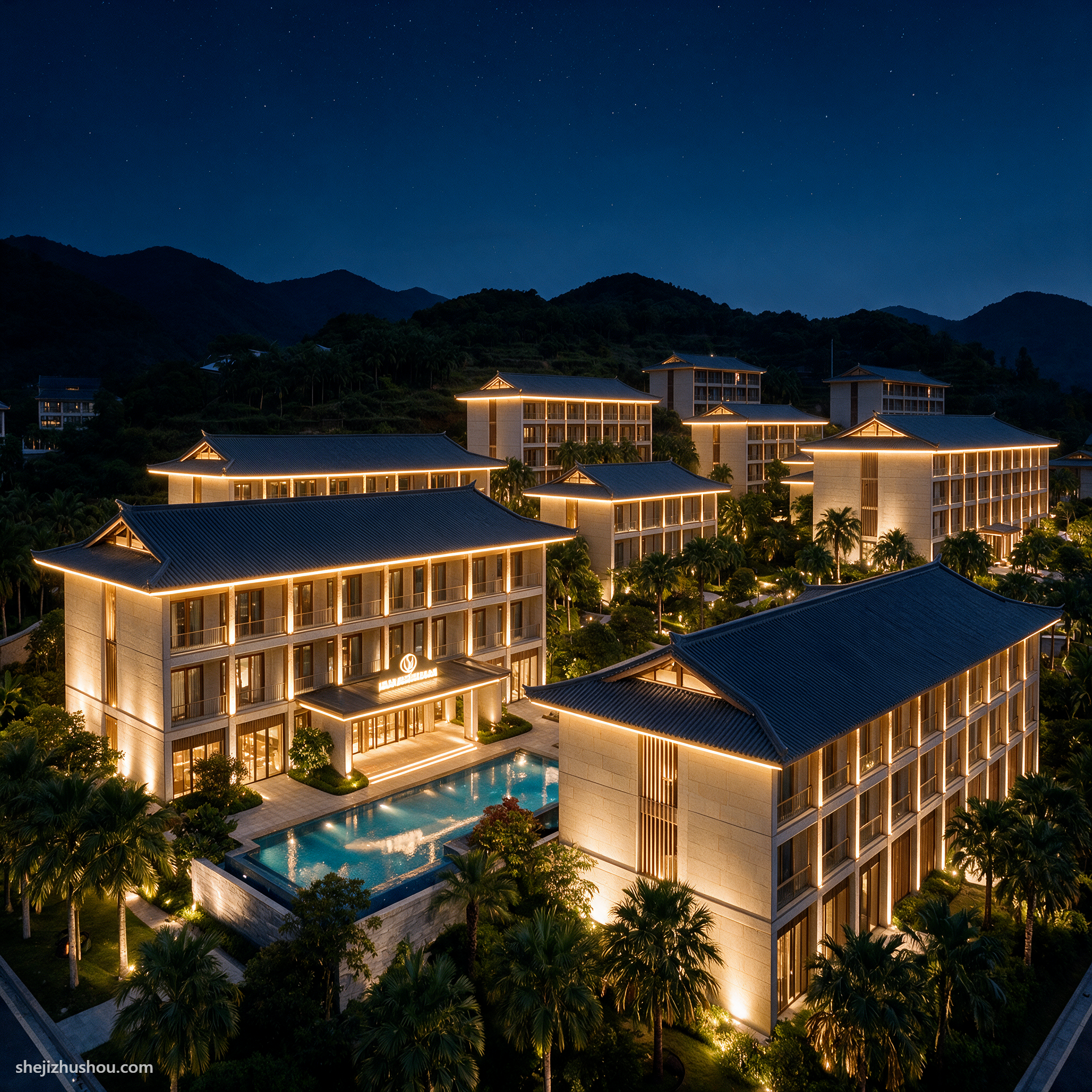 酒店建筑夜景亮化案例 - AI夜景亮化效果图