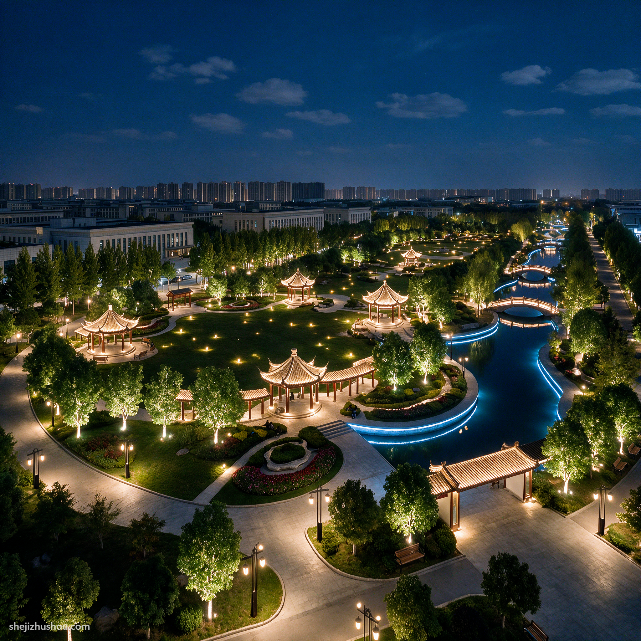 公园园林夜景亮化案例 - AI夜景亮化效果图