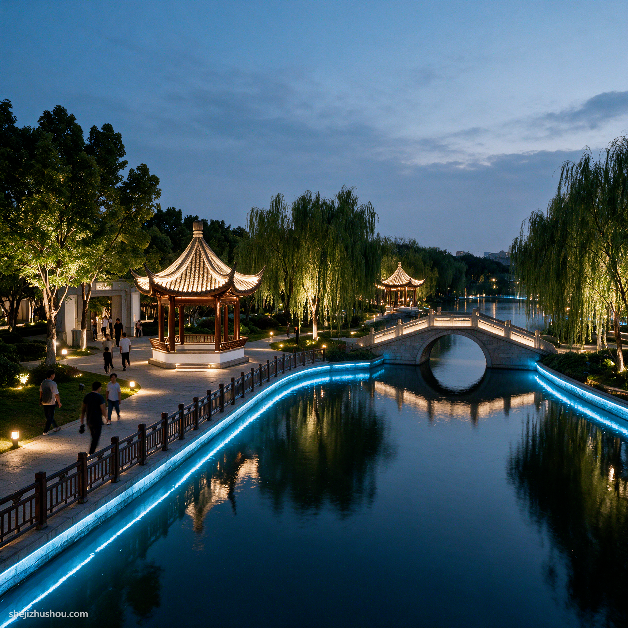 公园园林夜景亮化案例 - AI夜景亮化效果图