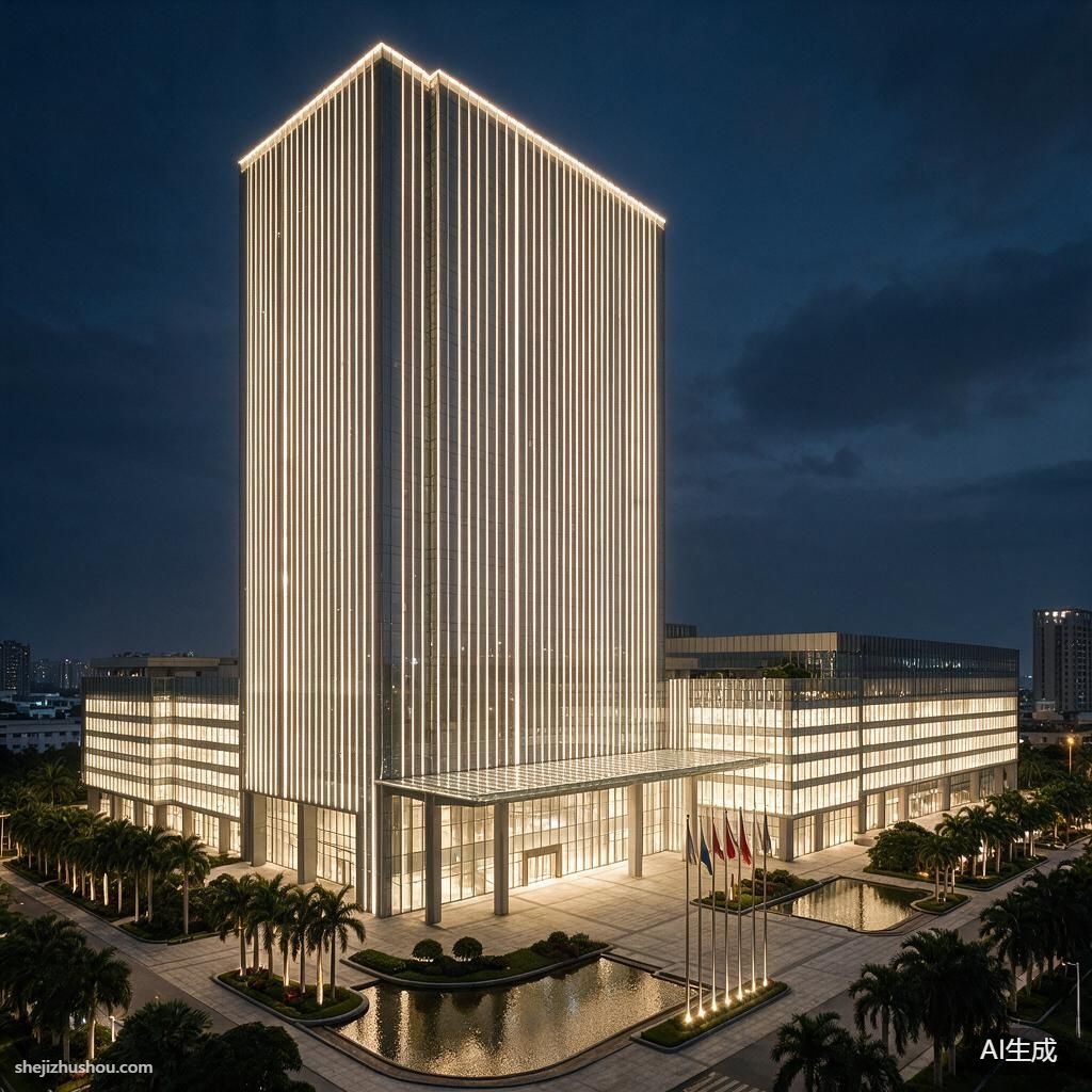 办公建筑夜景亮化案例 - AI夜景亮化效果图