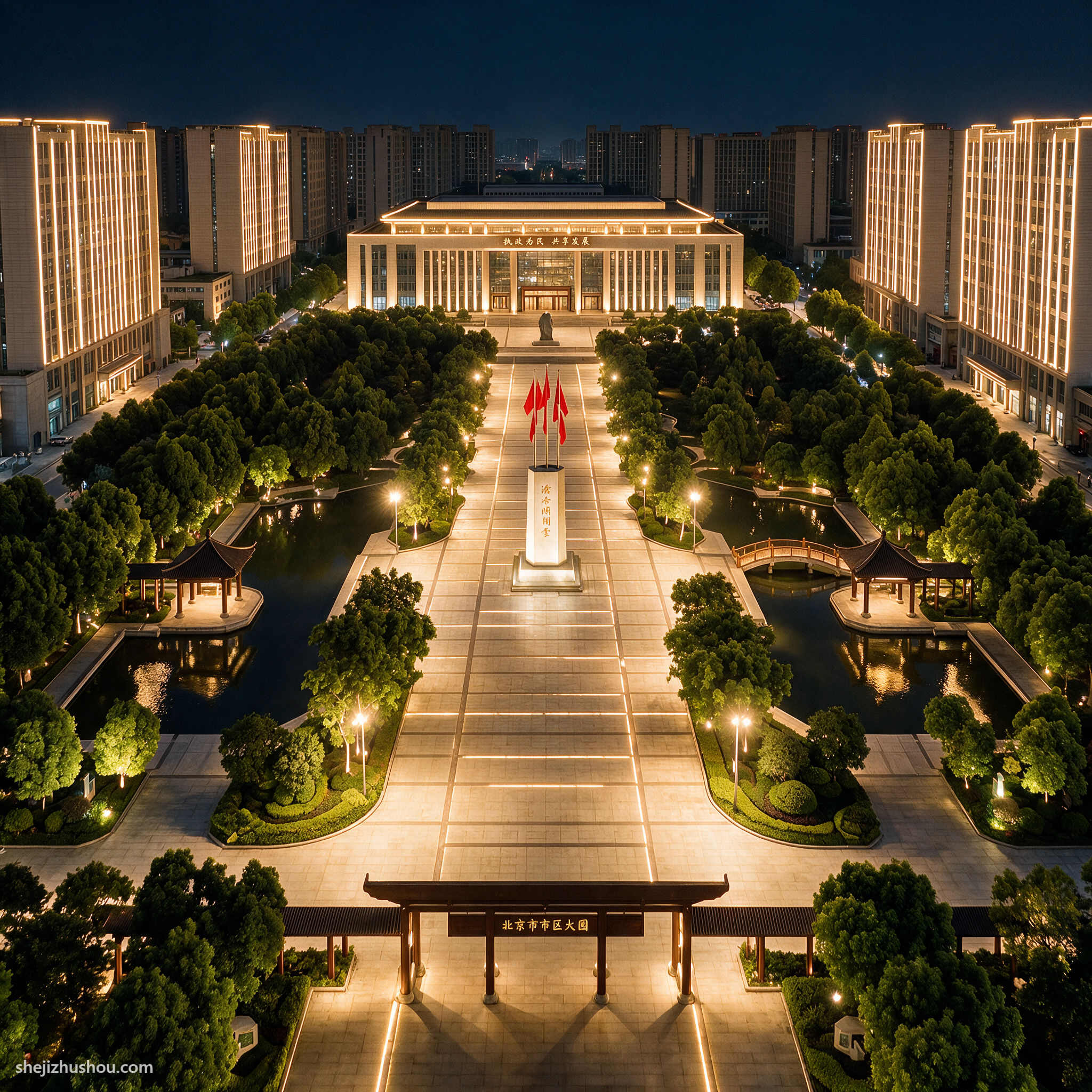 广场景观夜景亮化案例 - AI夜景亮化效果图