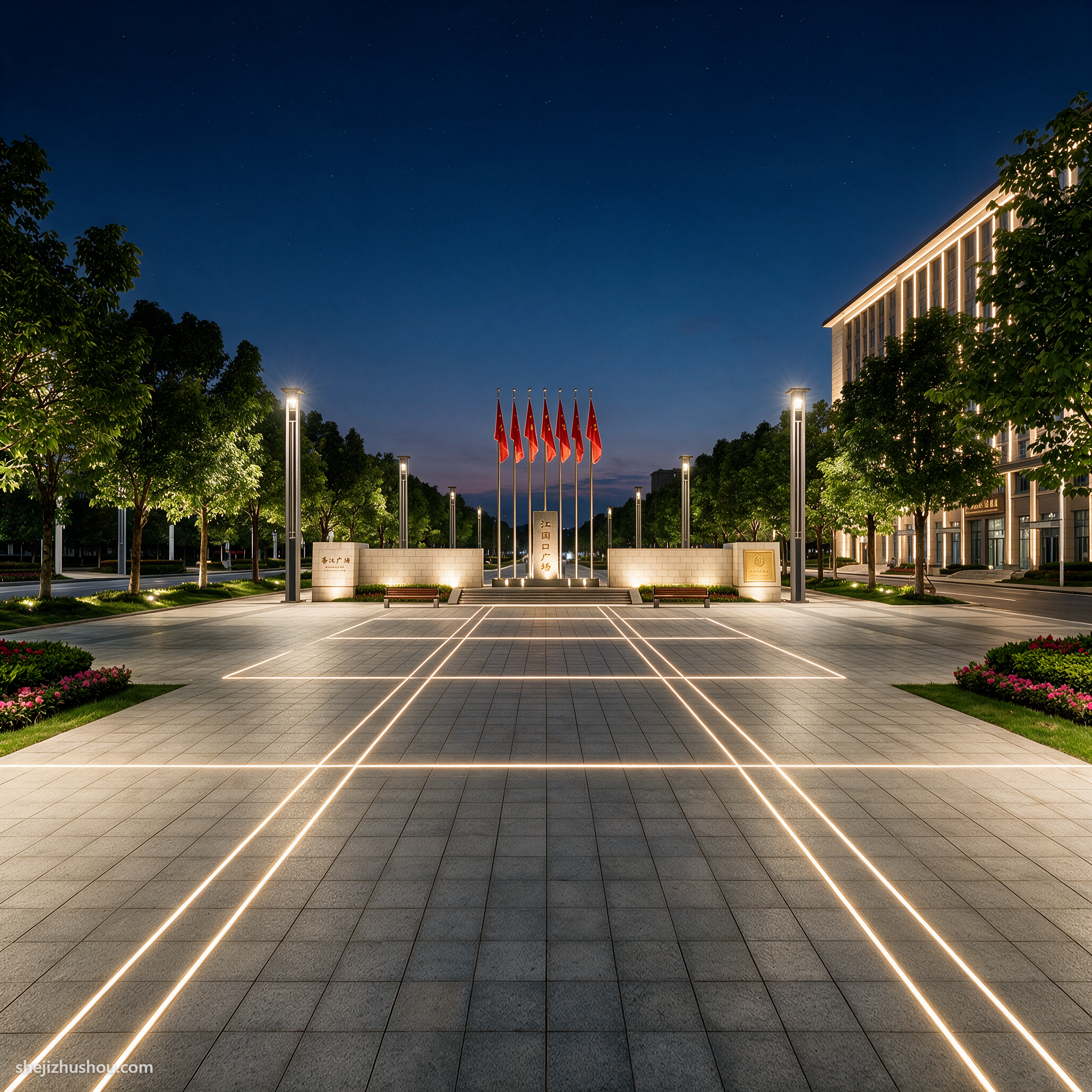 广场景观夜景亮化案例 - AI夜景亮化效果图