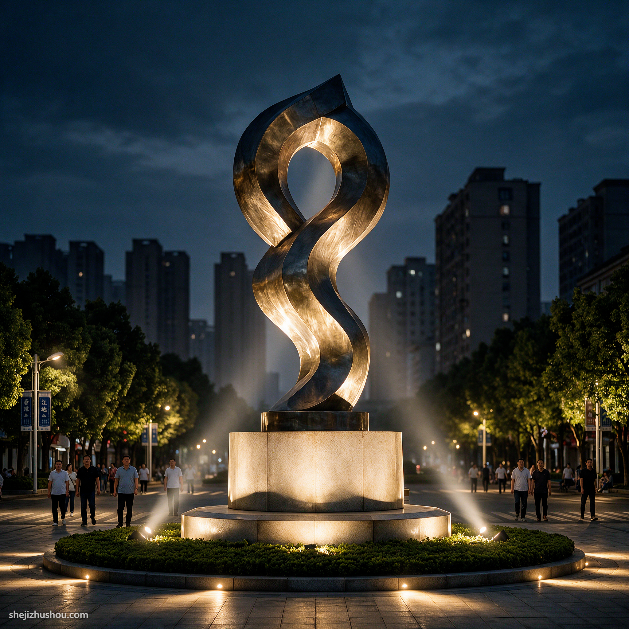 雕塑艺术夜景亮化案例 - AI夜景亮化效果图