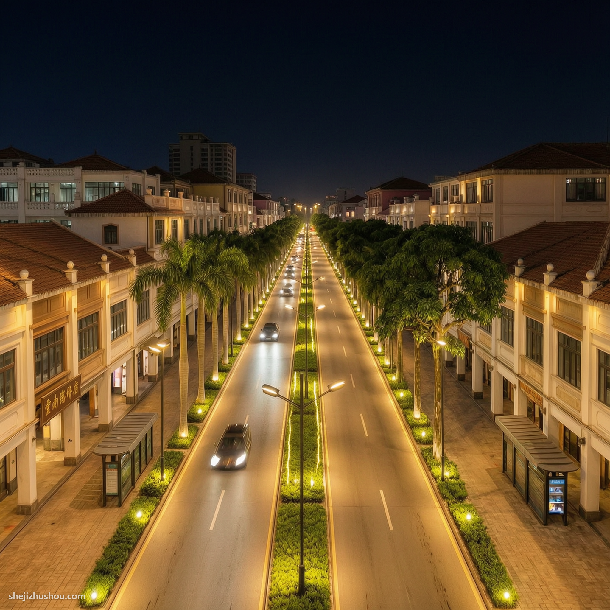道路绿化夜景亮化案例 - AI夜景亮化效果图