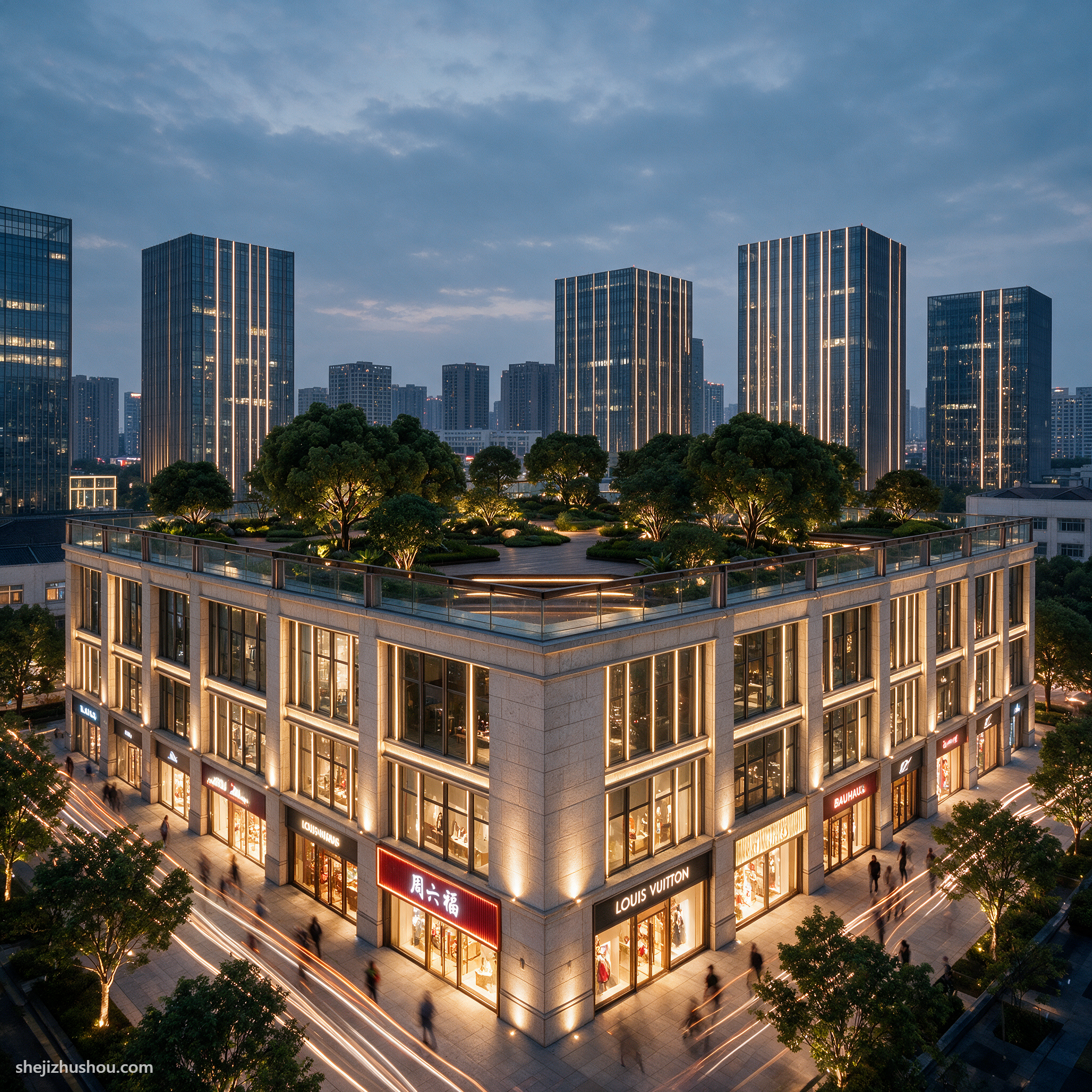 商业建筑夜景亮化案例 - AI夜景亮化效果图