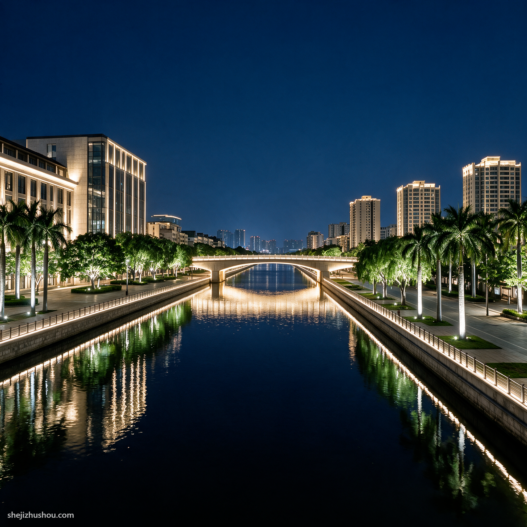 河道水景夜景亮化案例 - AI夜景亮化效果图