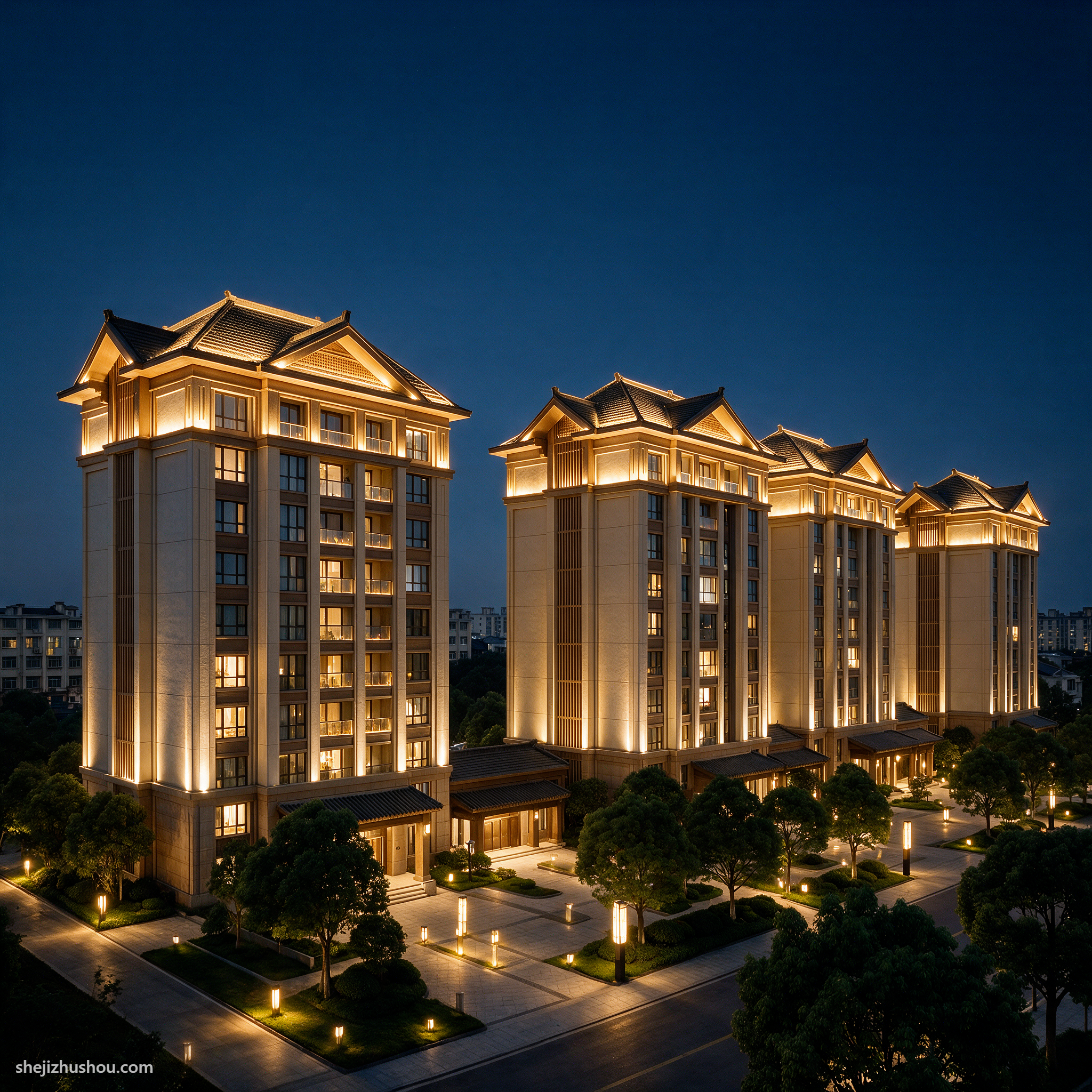 住宅建筑夜景亮化案例 - AI夜景亮化效果图