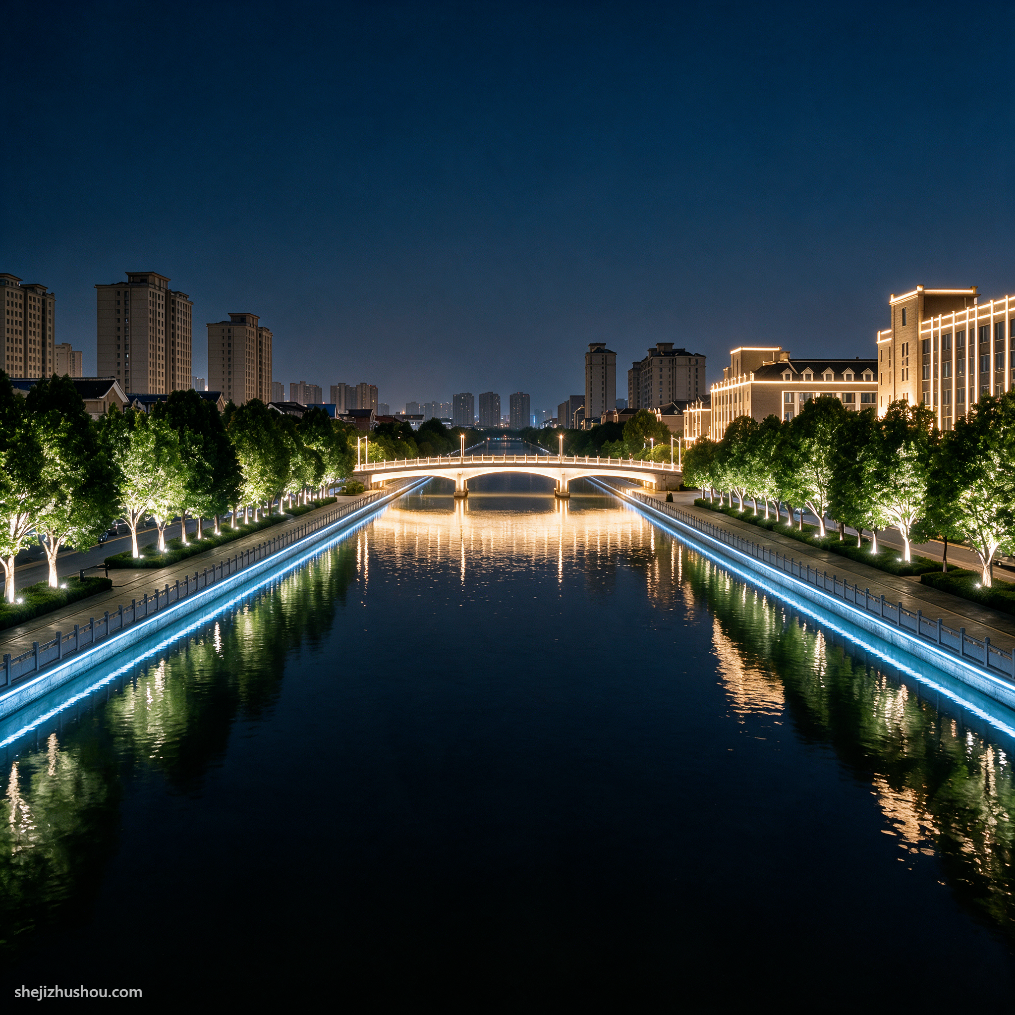 河道水景夜景亮化案例 - AI夜景亮化效果图
