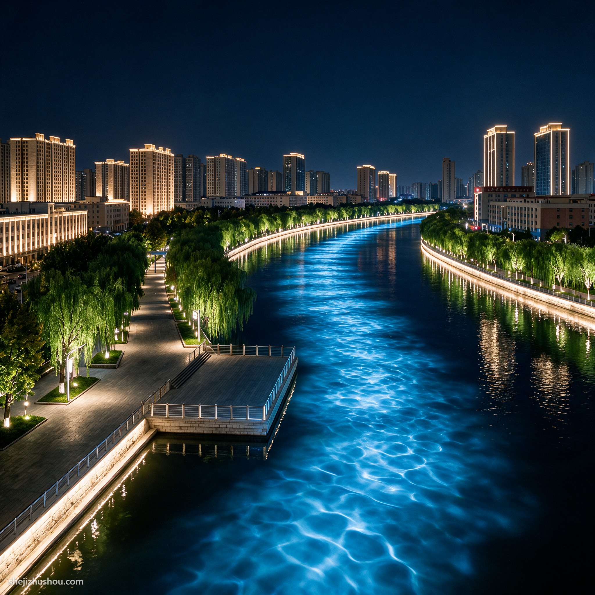 河道水景夜景亮化案例 - AI夜景亮化效果图