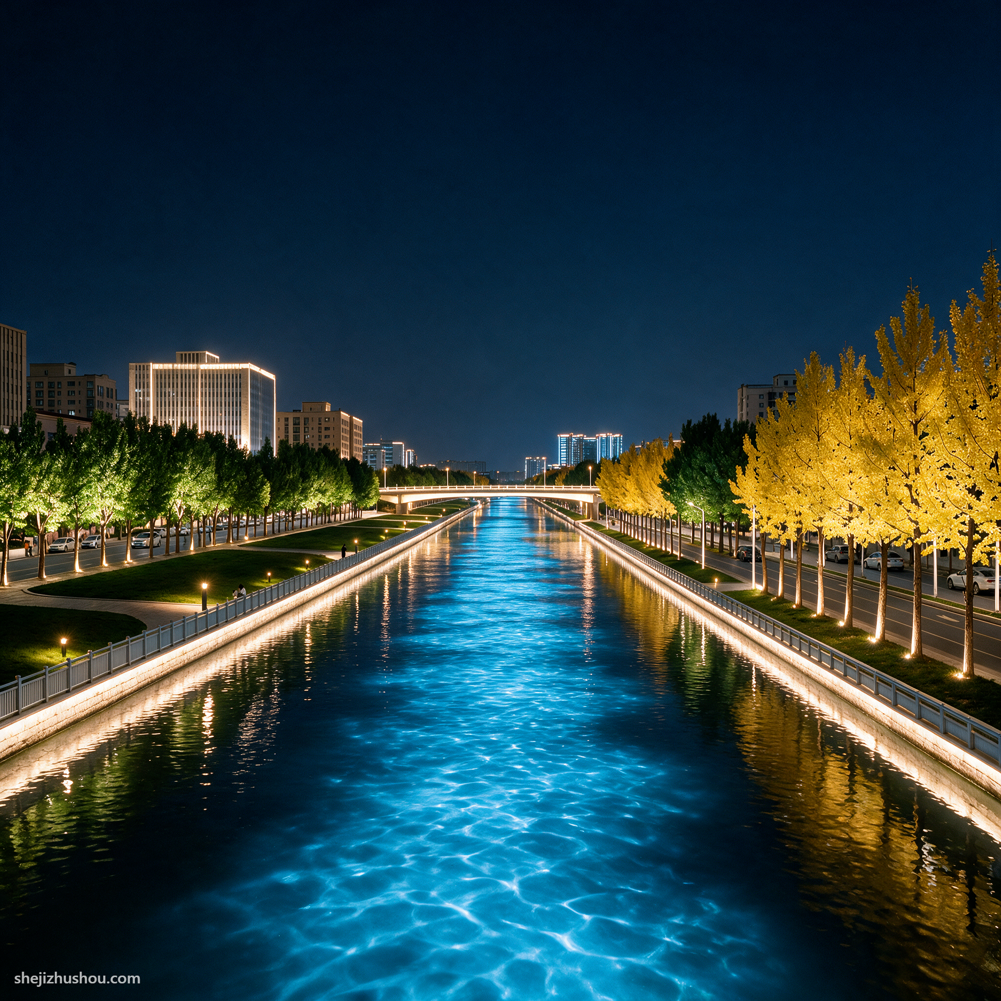 河道水景夜景亮化案例 - AI夜景亮化效果图
