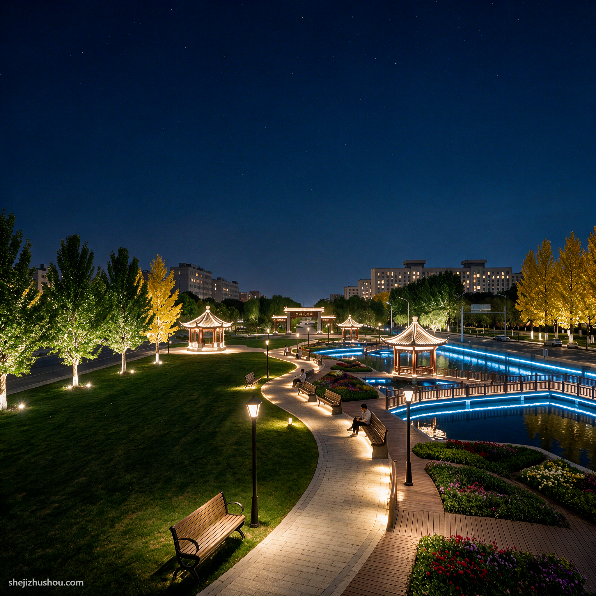 公园园林夜景亮化案例 - AI夜景亮化效果图