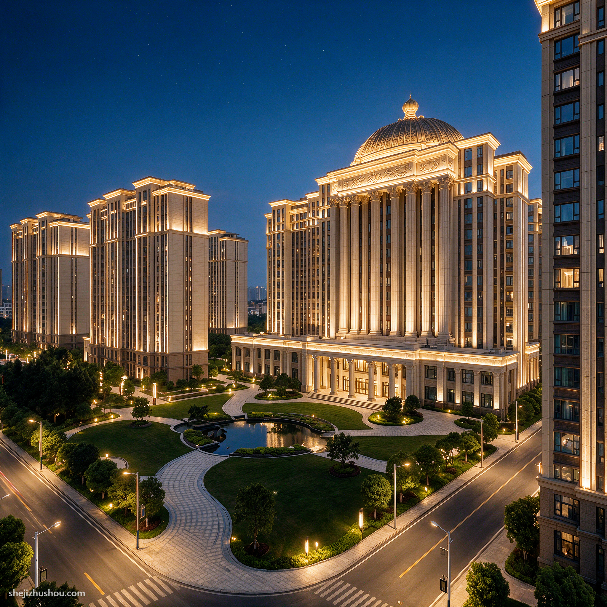 住宅建筑夜景亮化案例 - AI夜景亮化效果图