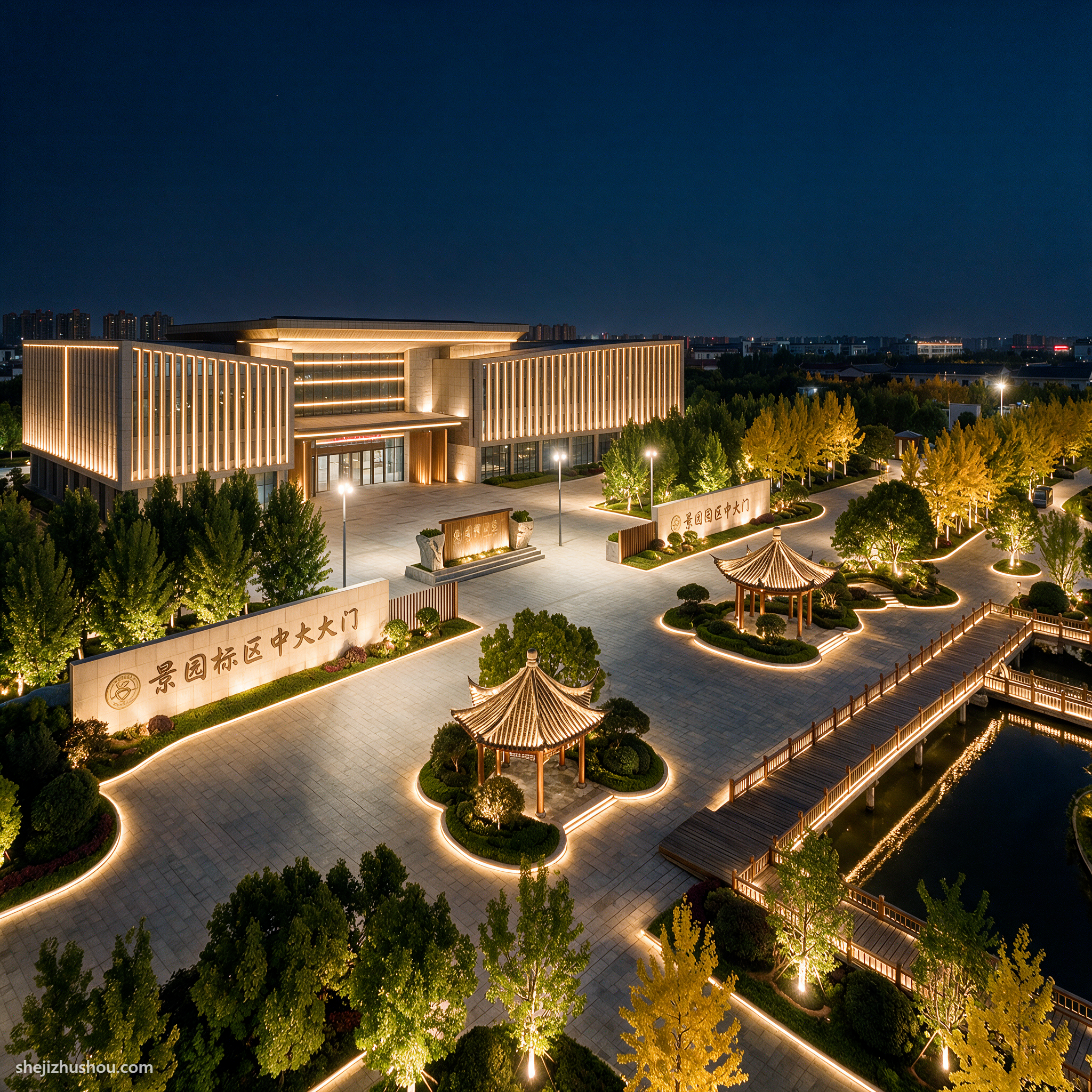 广场景观夜景亮化案例 - AI夜景亮化效果图