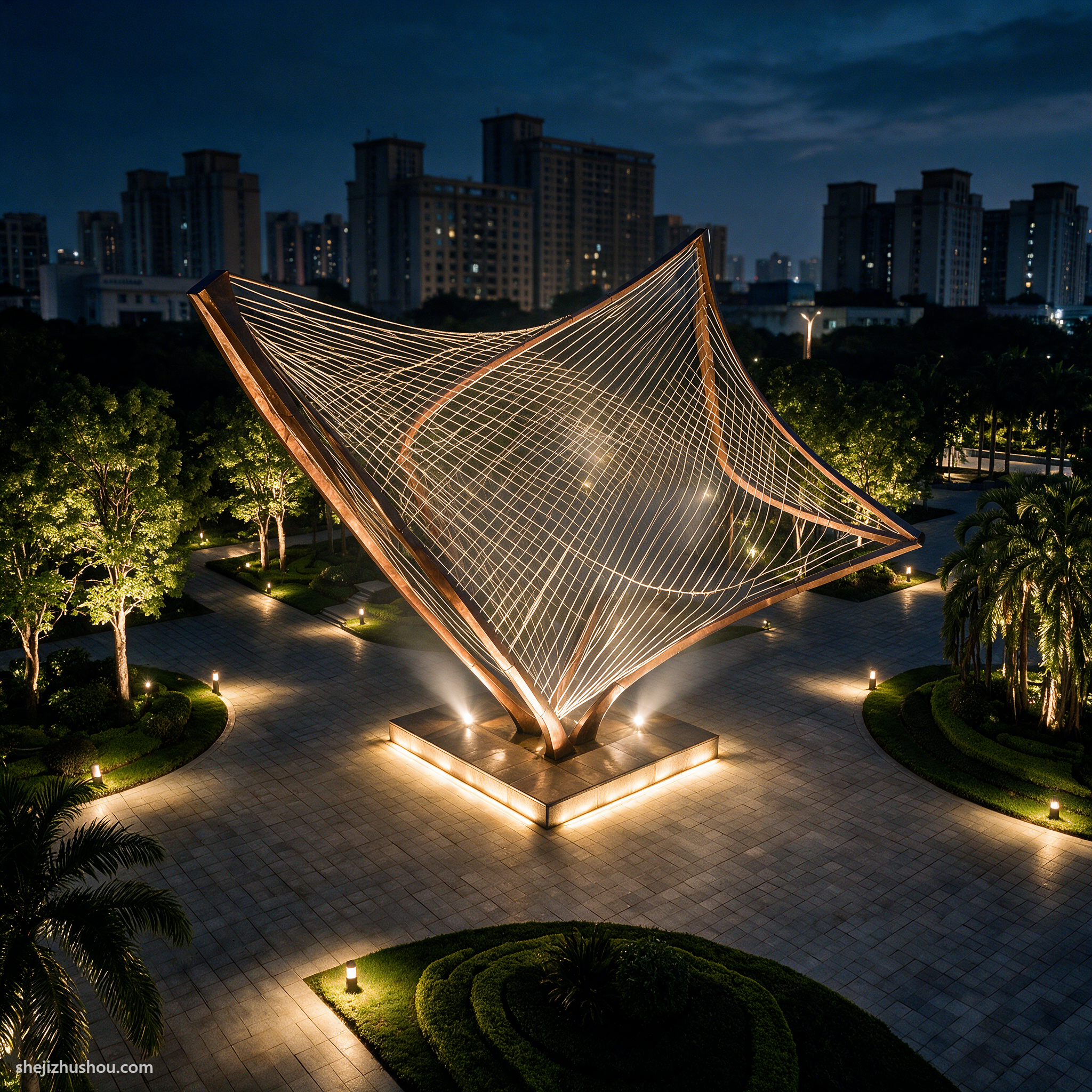 雕塑艺术夜景亮化案例 - AI夜景亮化效果图