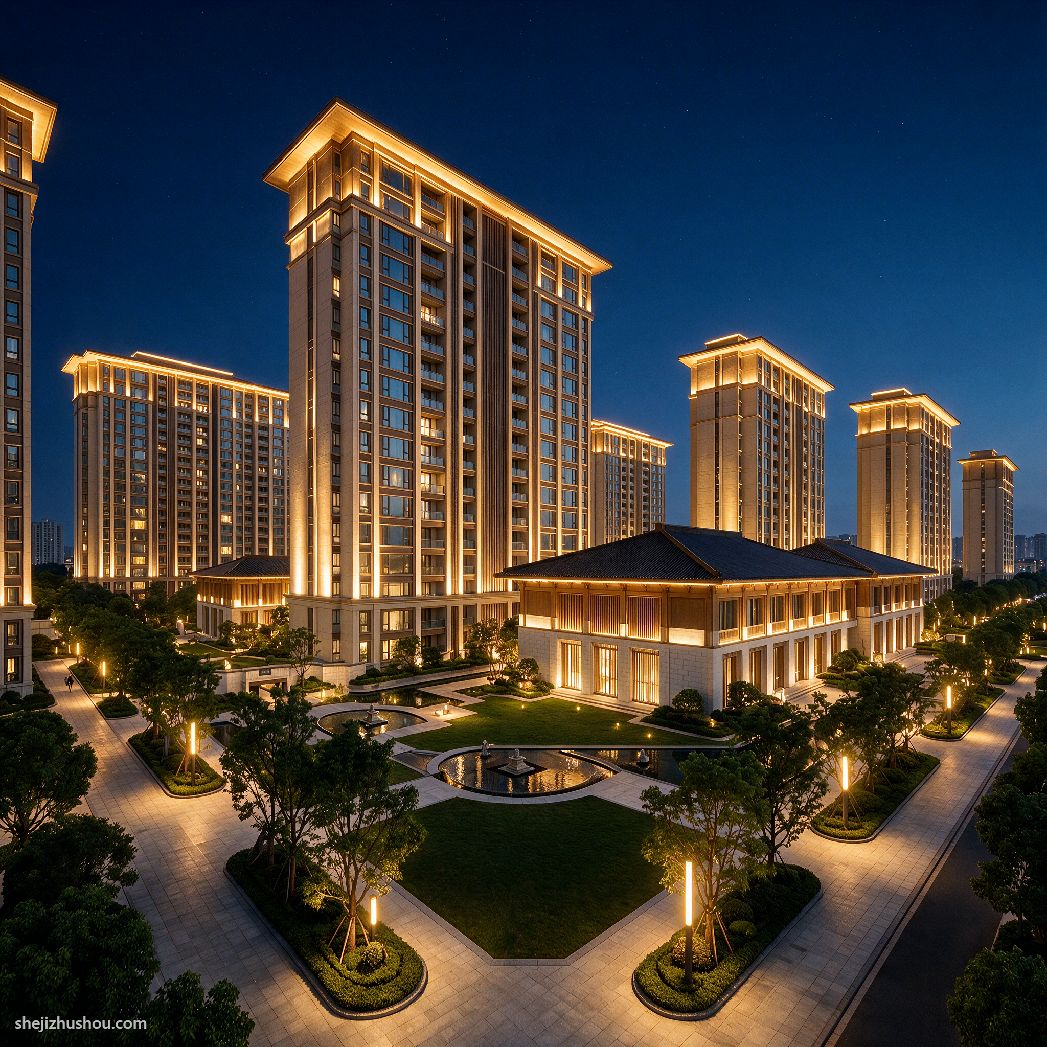 住宅建筑夜景亮化案例 - AI夜景亮化效果图