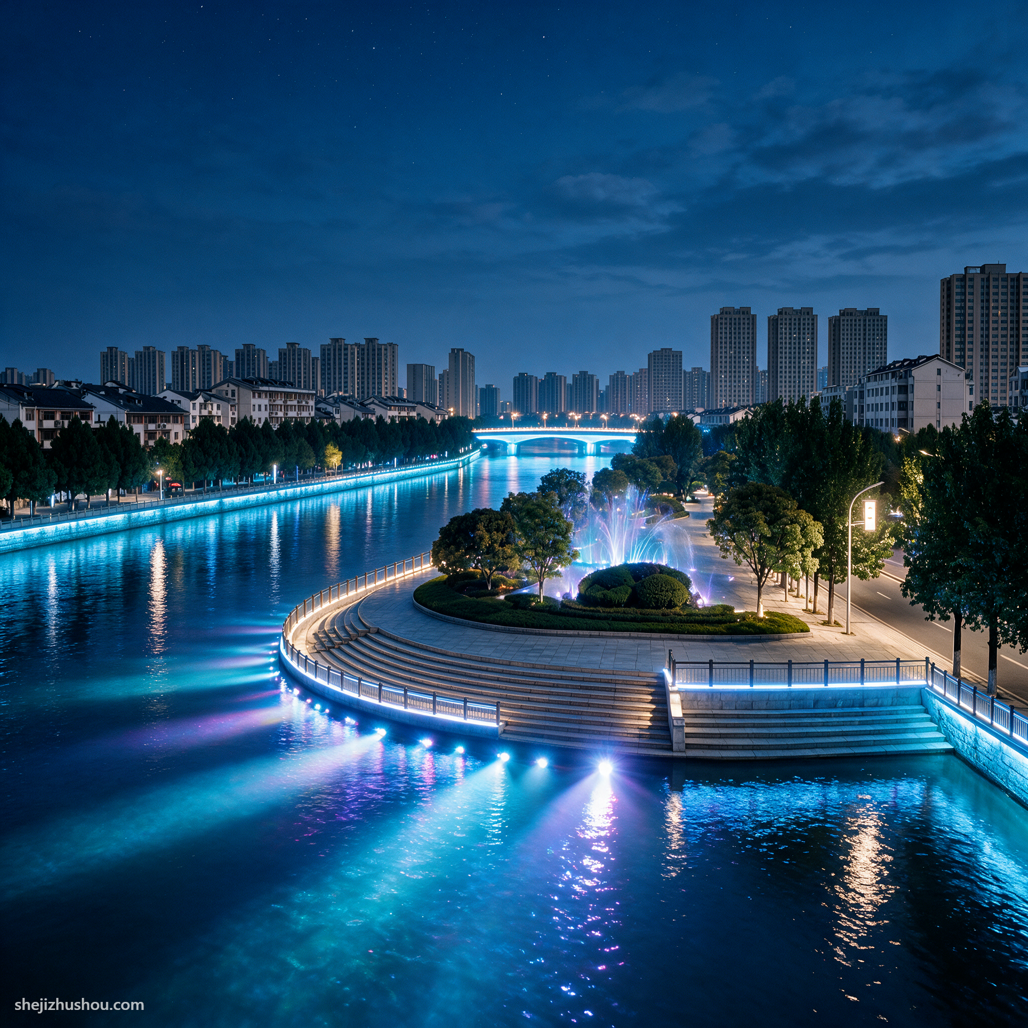 河道水景夜景亮化案例 - AI夜景亮化效果图