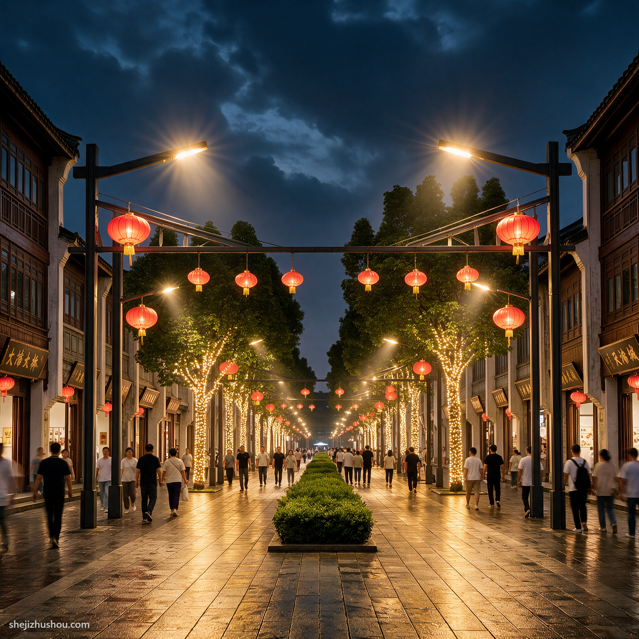 街道装饰夜景亮化案例 - AI夜景亮化效果图