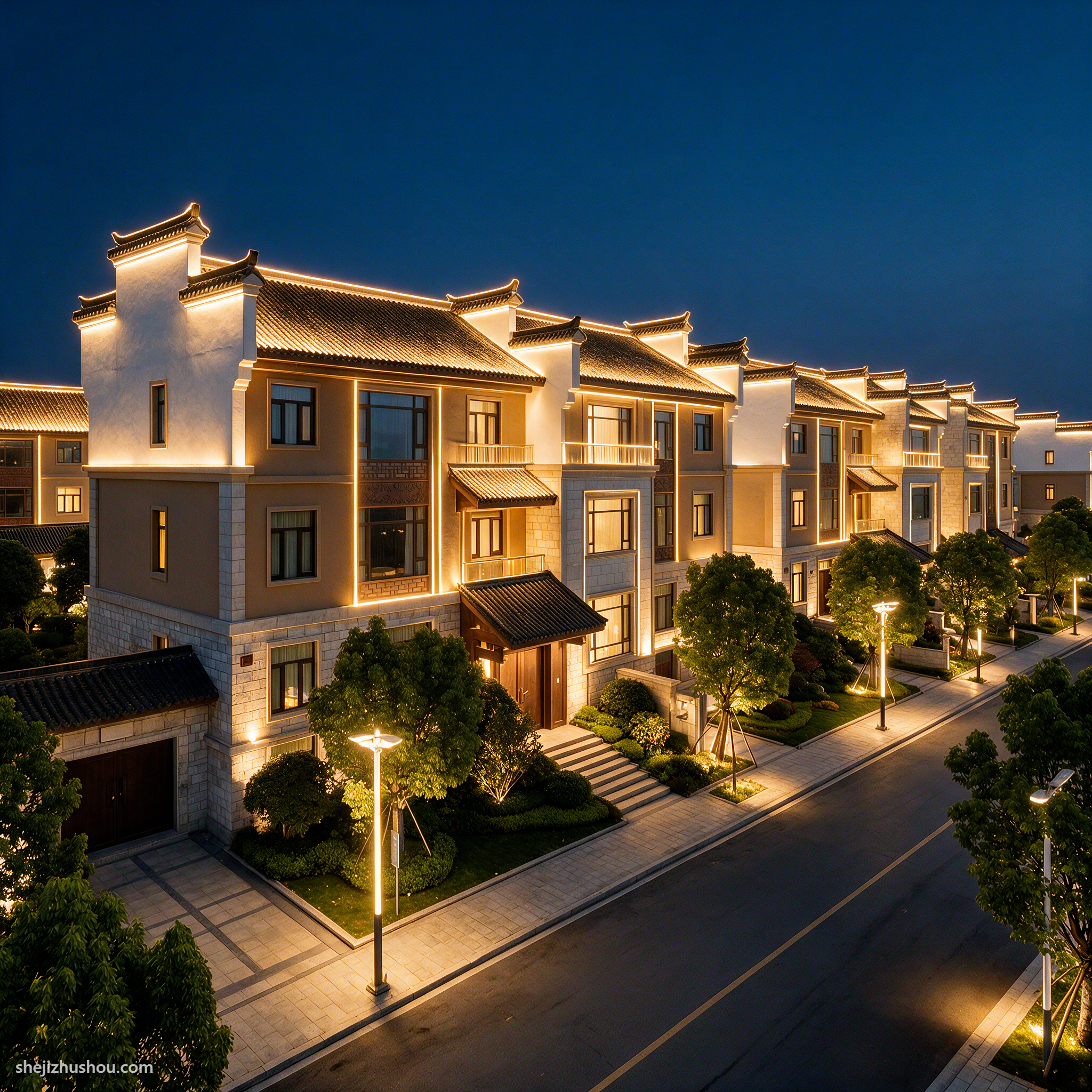 住宅建筑夜景亮化案例 - AI夜景亮化效果图