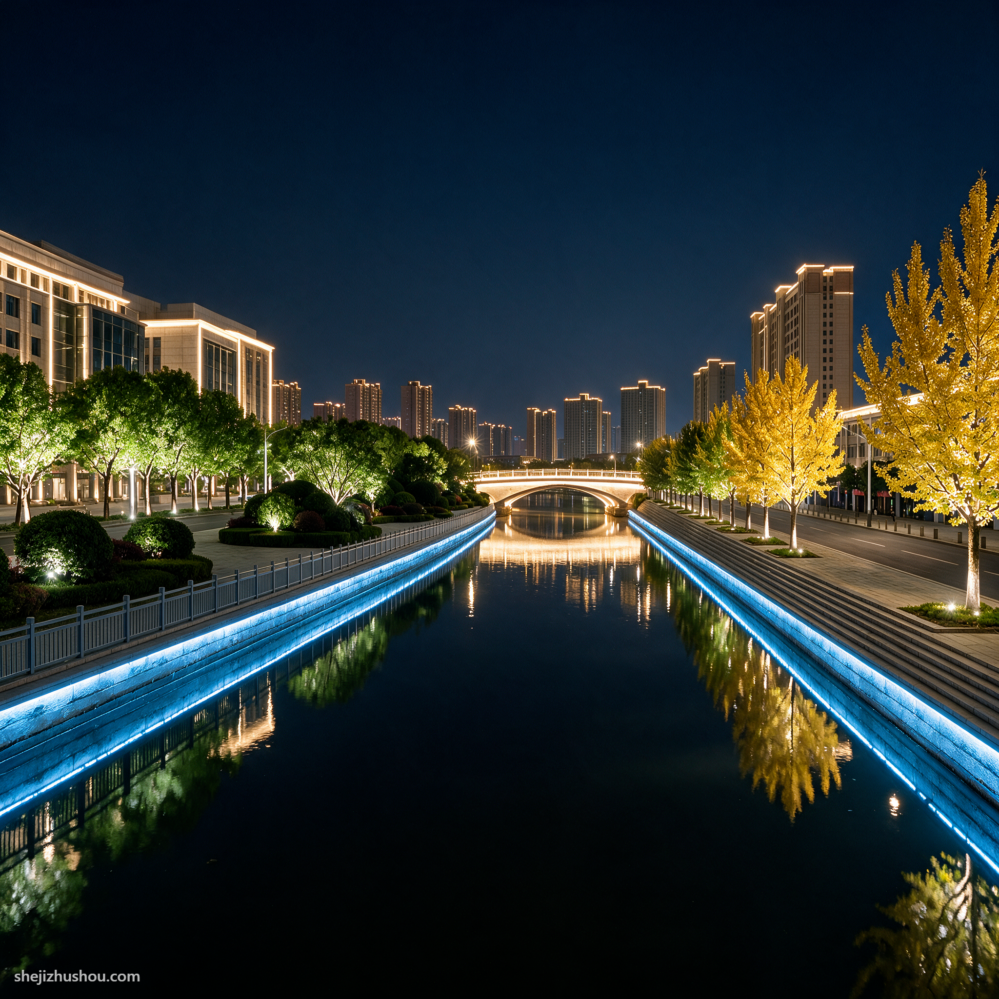 河道水景夜景亮化案例 - AI夜景亮化效果图