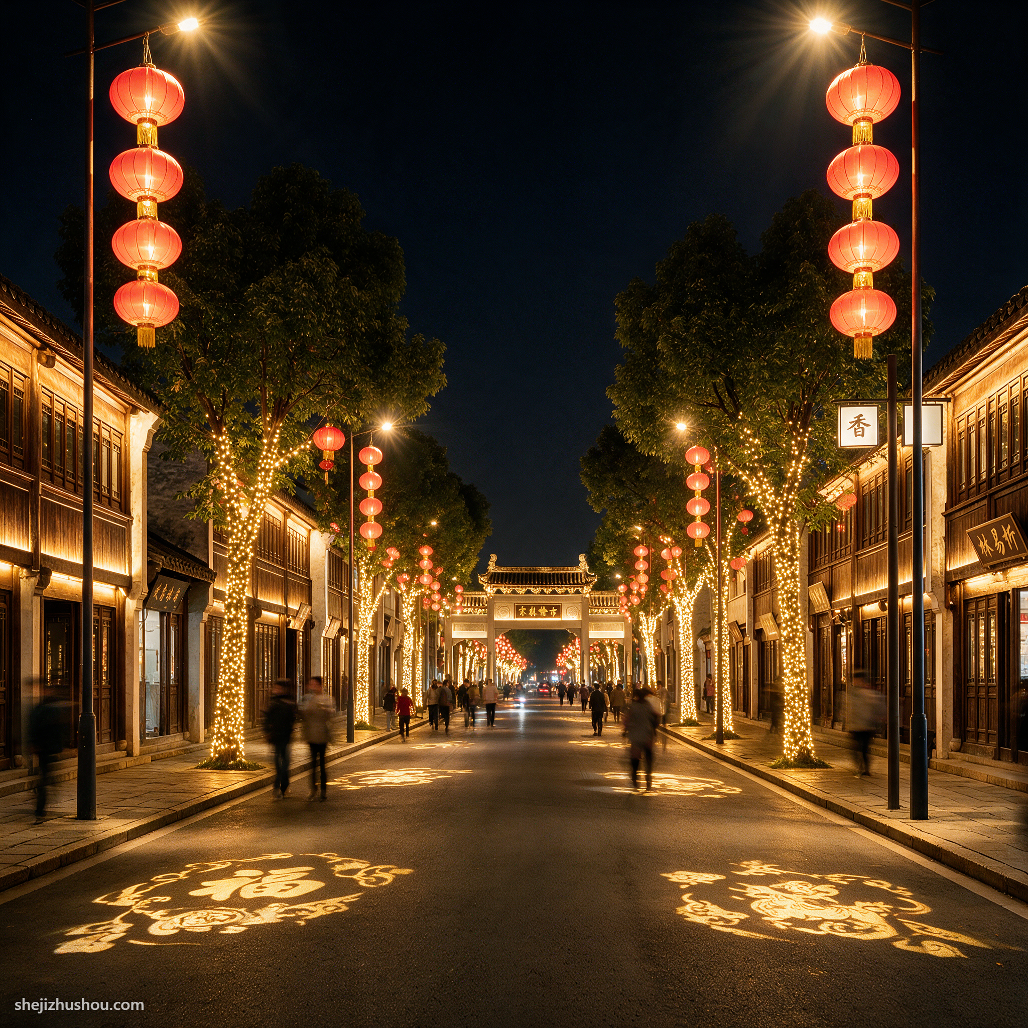 街道装饰夜景亮化案例 - AI夜景亮化效果图