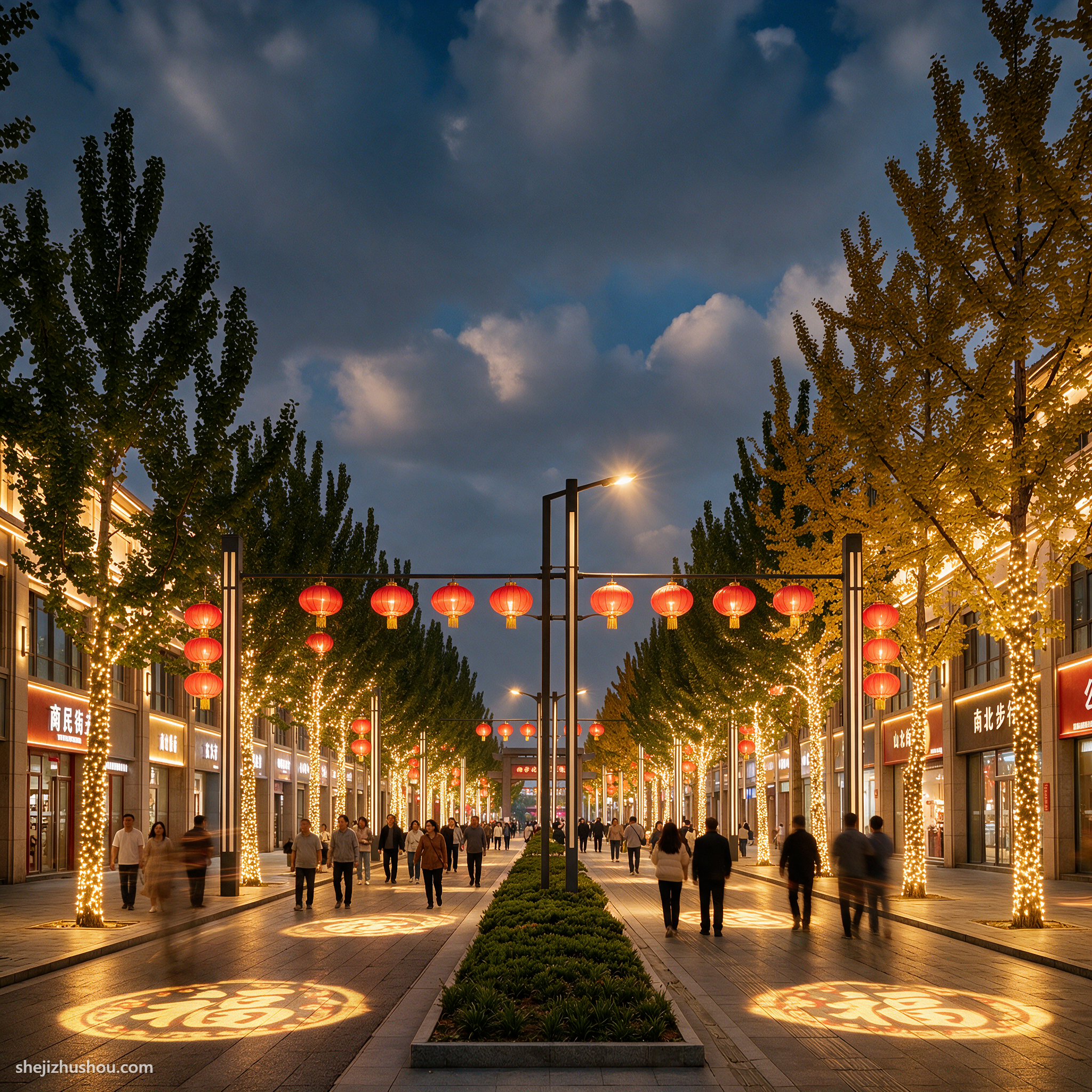 街道装饰夜景亮化案例 - AI夜景亮化效果图